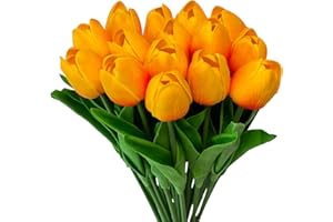 Ribiliwer 15 Heads Artificial Flowers PU Real Touch Tulip Bouquets Orange Tulips Faux Tulips Latex Fake Flower Bouquet for Sp