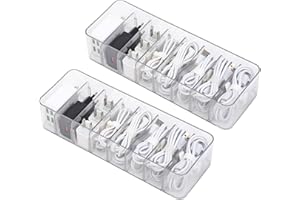 Yesesion 2 Pack Plastic Cable Management Box with Removable Dividers, Clear Cord Storage Organizer with 20 Wire Ties for Desk Drawer, Office Supplies, Electronic Accessories, Battery, Phone Charger