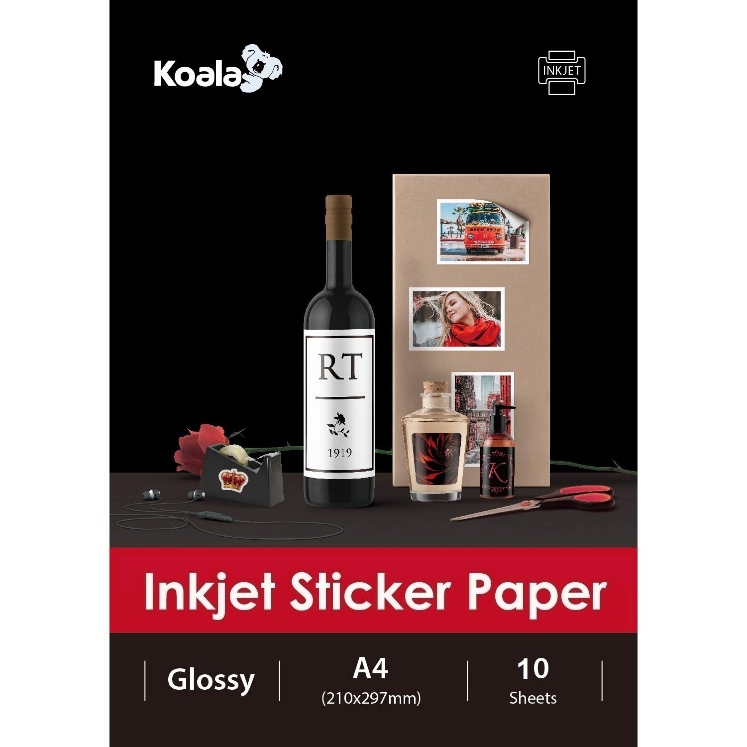 KOALA Inkjet Self Adhesive/Sticky Back White Glossy Photo Paper, Label Printing Paper, A4, 10 Sheets