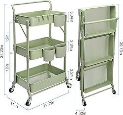 Foldable 3 Tier Rolling Cart, Metal Utility