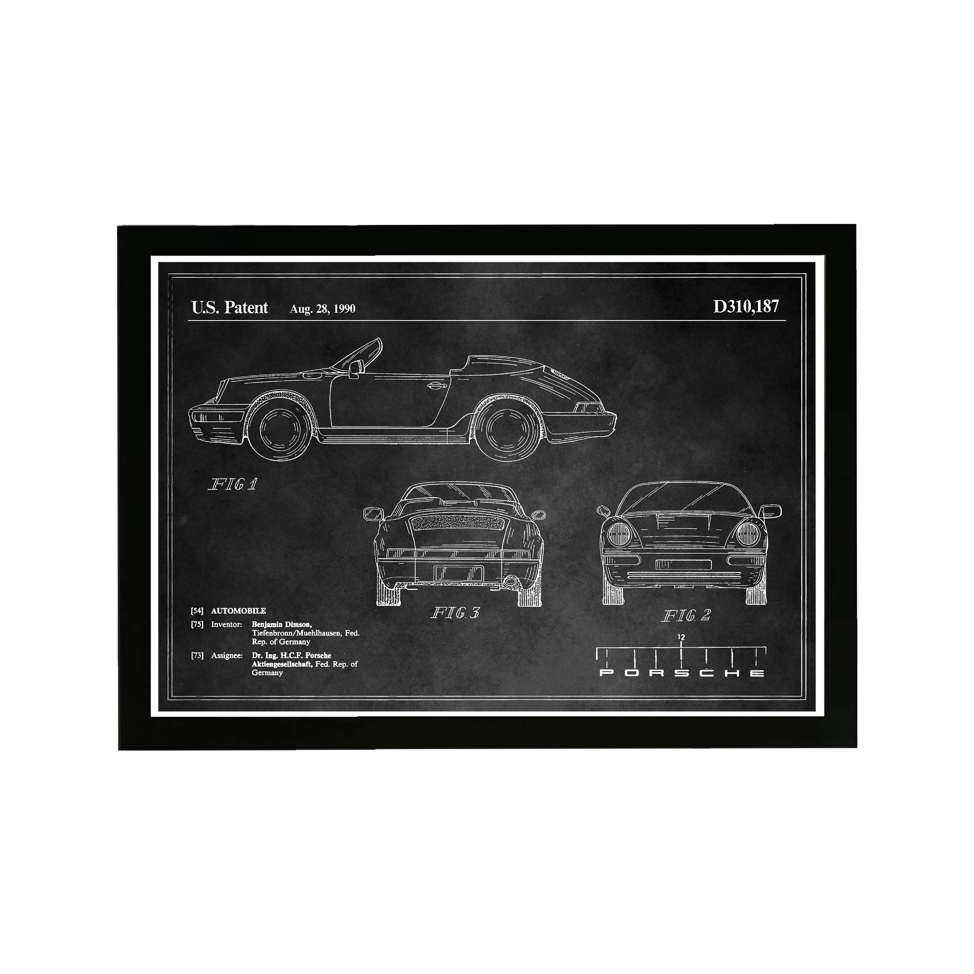 Wynwood Studio Sports Cars and Automobiles Man Cave Framed Wall Art Painting Photography Print 'Porsche 911 1990 Blueprint' Home Décor for Men in Black and White, 19x13
