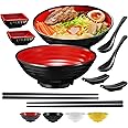 Unbreakable Ramen Bowl Set with Chopsticks and Spoon: 2 large Japanese Style Melamine Ramen Bowls, Dipping Bowls and Chopstick Stands for Asian Pho Soup Thai Miso Udon Wonton (2 Bowl Set, Red-Black)
