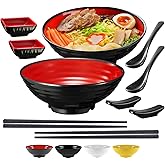 Unbreakable Ramen Bowl Set with Chopsticks and Spoon: 2 large Japanese Style Melamine Ramen Bowls, Dipping Bowls and Chopstick Stands for Asian Pho Soup Thai Miso Udon Wonton (2 Bowl Set, Red-Black)