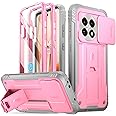 Poetic Revolution Case for OnePlus 13R 5G, [Slide Camera Cover], Built-in Screen Protector [Work with Fingerprint ID], [2 Front Frame] Full Body Rugged Shockproof Case with Kickstand, Light Pink