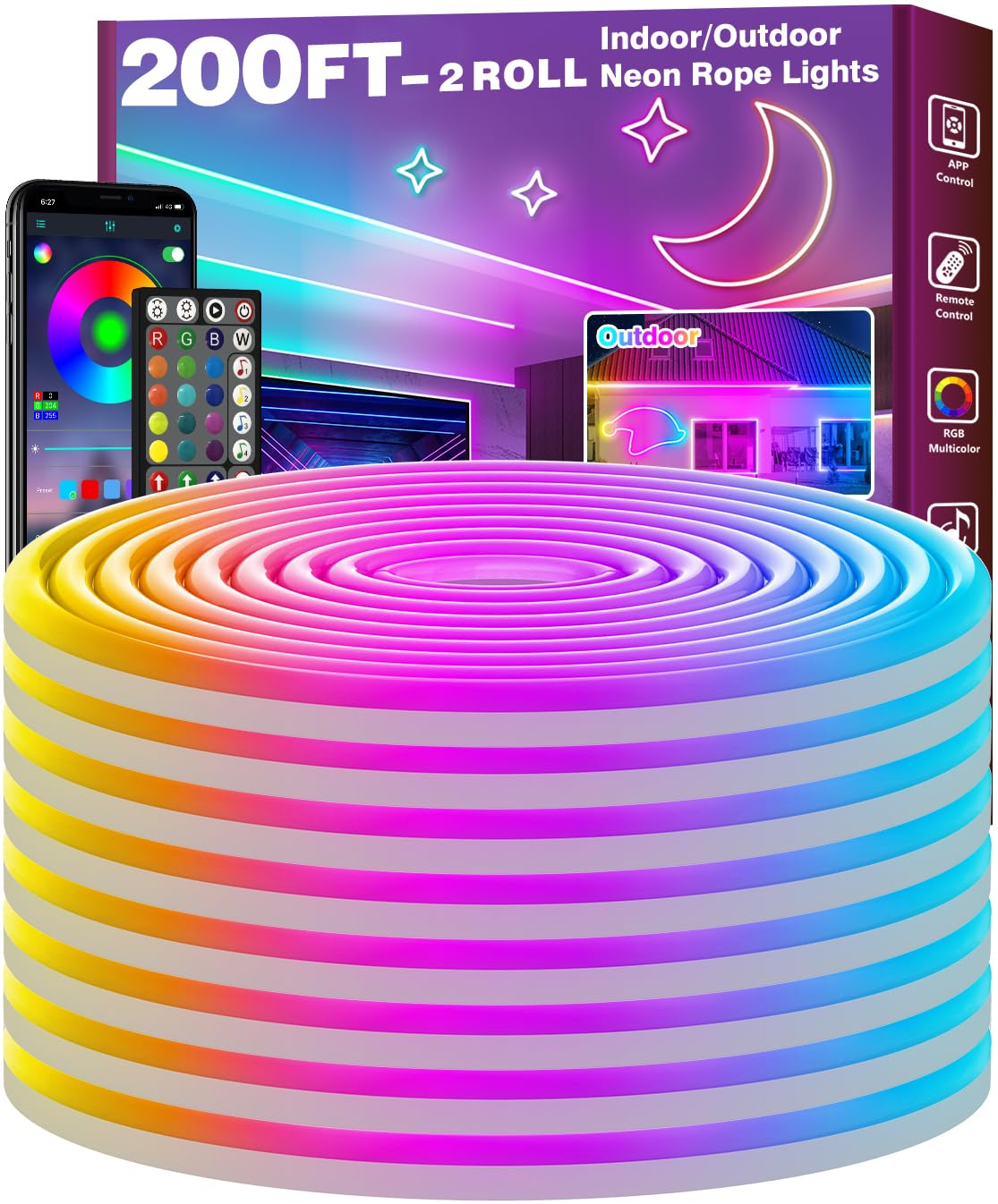 Photo 1 of FBZ 200Ft Led Rope Lights, Flexible Neon Lights Control with App/Remote, Multiple Modes, IP65 Outdoor RGB Waterproof, Music Sync Gaming Light Strip for Bedroom Decor