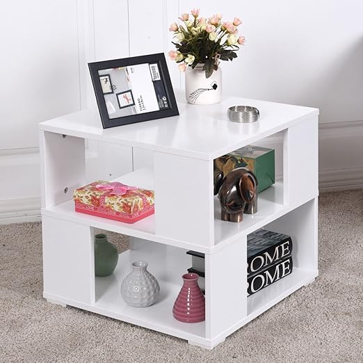 Amazon Com Caraya Coffee End Side Table With Storage Cube Shelves Modern Wood Square White Kitchen Dining