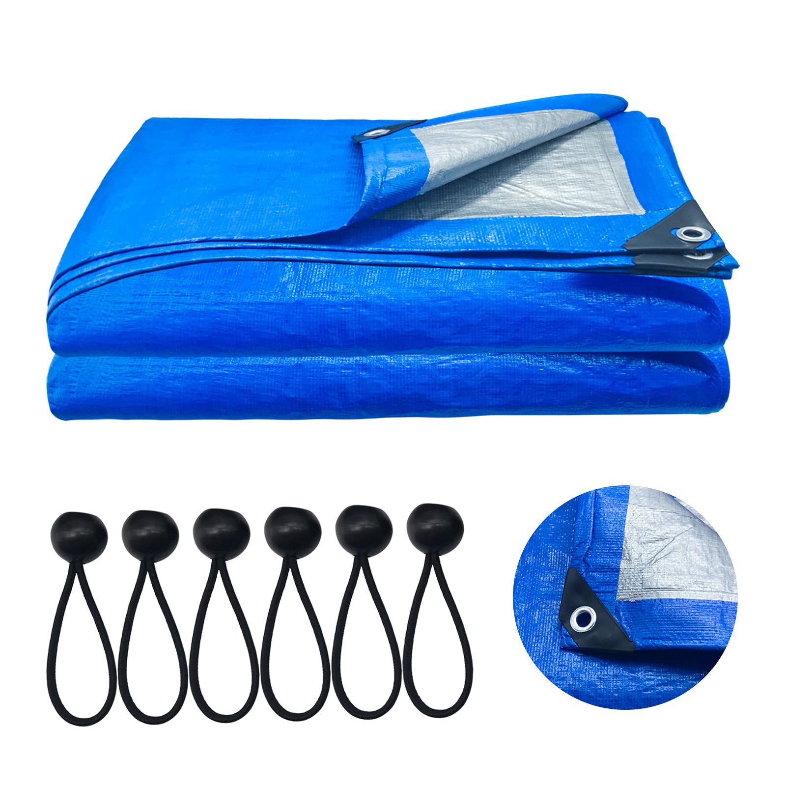 Tarpaulin Waterproof Heavy Duty Tarp, Hakiwina 3 x 4 m /9 .8 x 13 ft Thick Tarpaulin Sheet 160g/m2 Tarp Cover with 6 Bungee Balls, Shading and Waterproof- Blue/Silver