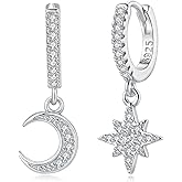 Sylph 925 Sterling Silver Huggie Earrings for Women, Moon and Star Drop Earring Cute Celestial Jewelry Gifts for Everyday Wear