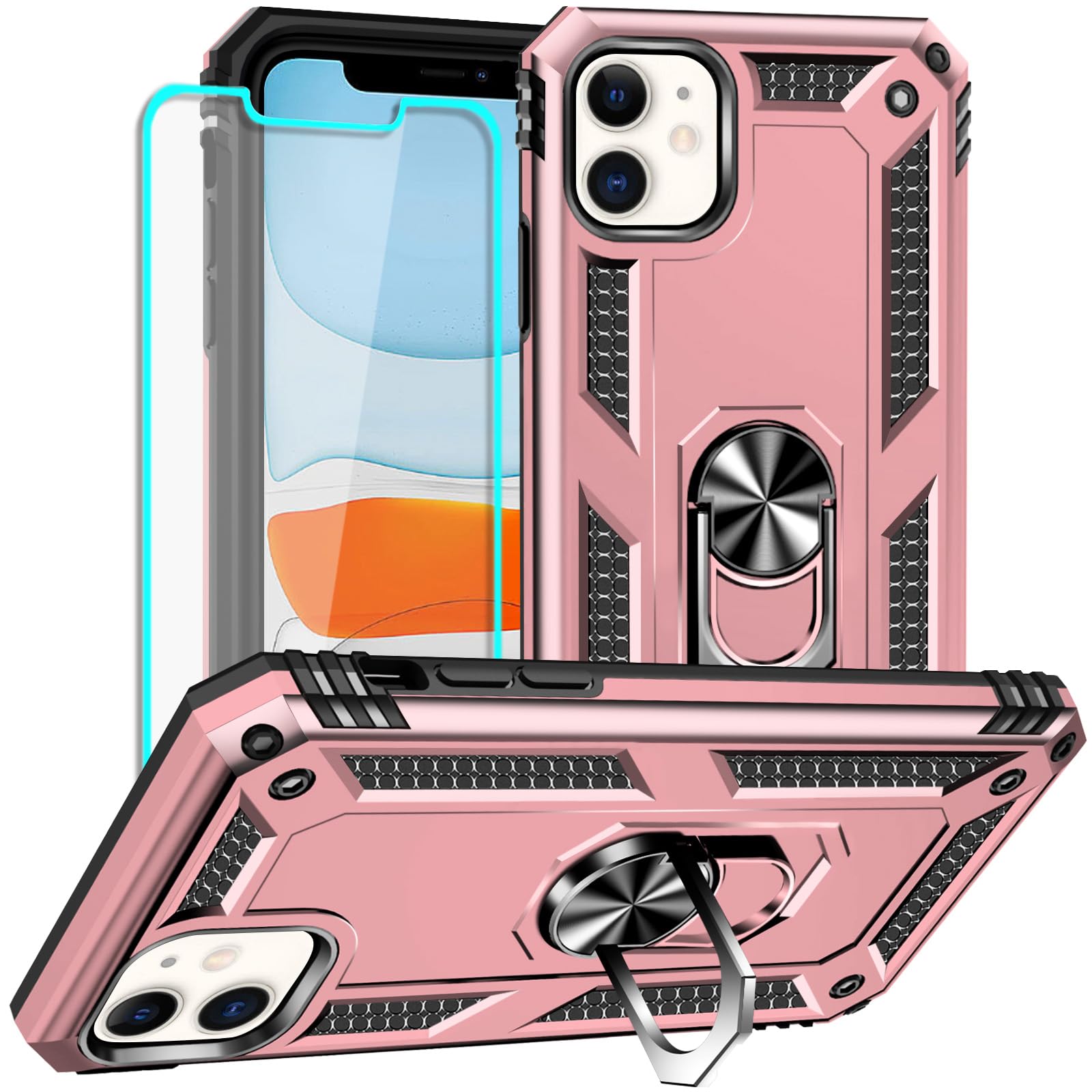 Yiakeng for iPhone 11 Phone Case, iPhone 11 Case with Screen Protector, Military Grade Protective Phone Cover with Ring Holder Kickstand for iPhone 11 (Rose Gold) โ image 1