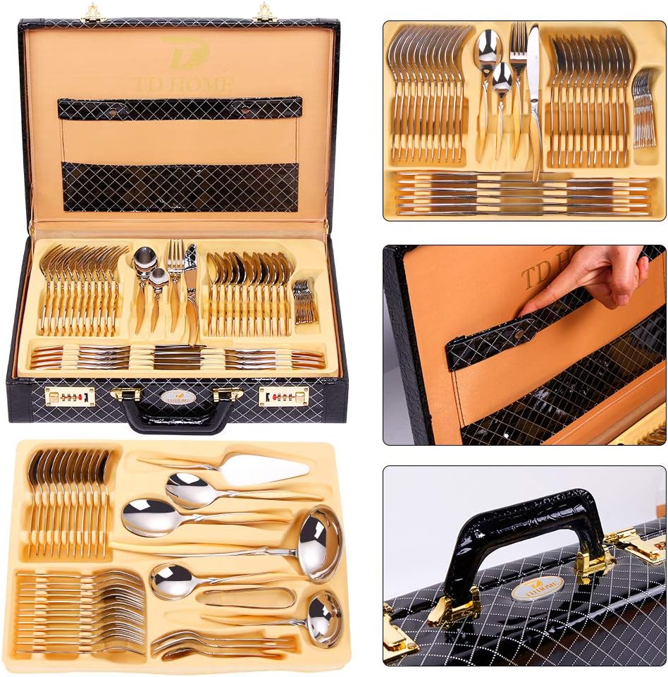 PHILIPALA 86-piece Flatware Sets Stainless Steel 18/10 Cutlery Set for 12 people with special shape design,Silverware Set with Leather box,suitable for large families and groups of friends