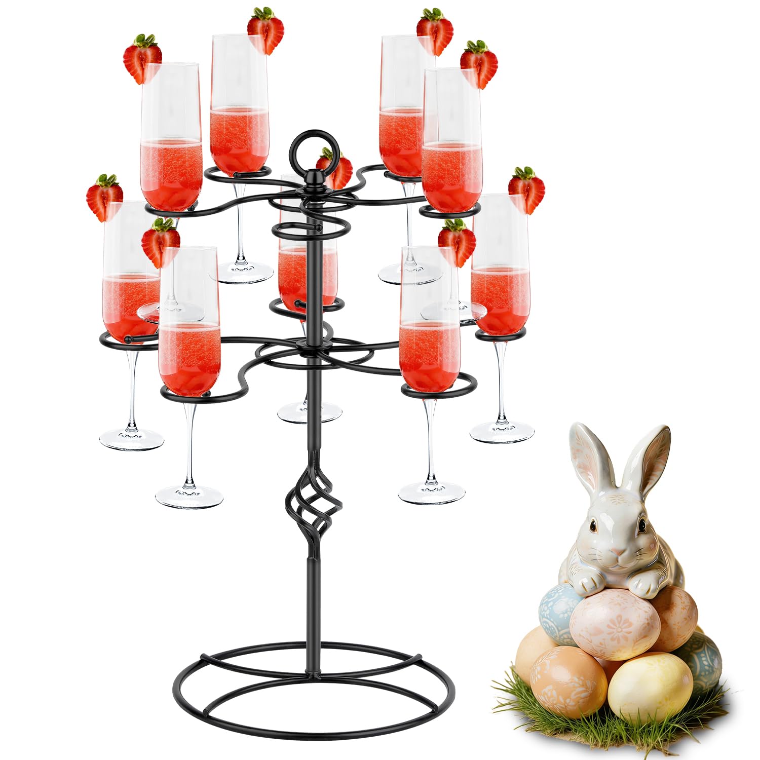 QPIX DIGITAL Wine Glass Rack 2 Tier 10 Holders Wine Glasses Stand, Black Champagne Tower Stand Countertop Tabletop Stemware Rack for Home and Bar Storage,Wine Glass Display Easy Assembly Image