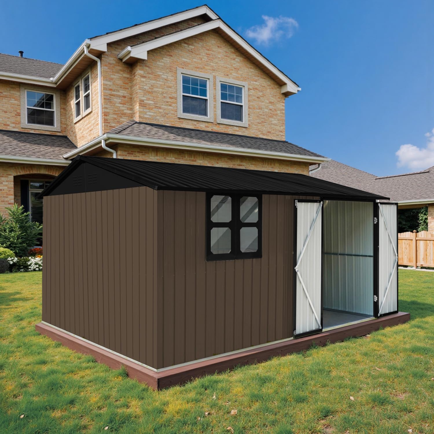 Photo 1 of 10' x 8' Large Outdoor Storage Shed, Sturdy Metal Building w/Windows & Lockable Doors for Garden, Backyard, Poolside and Lawn, Brown