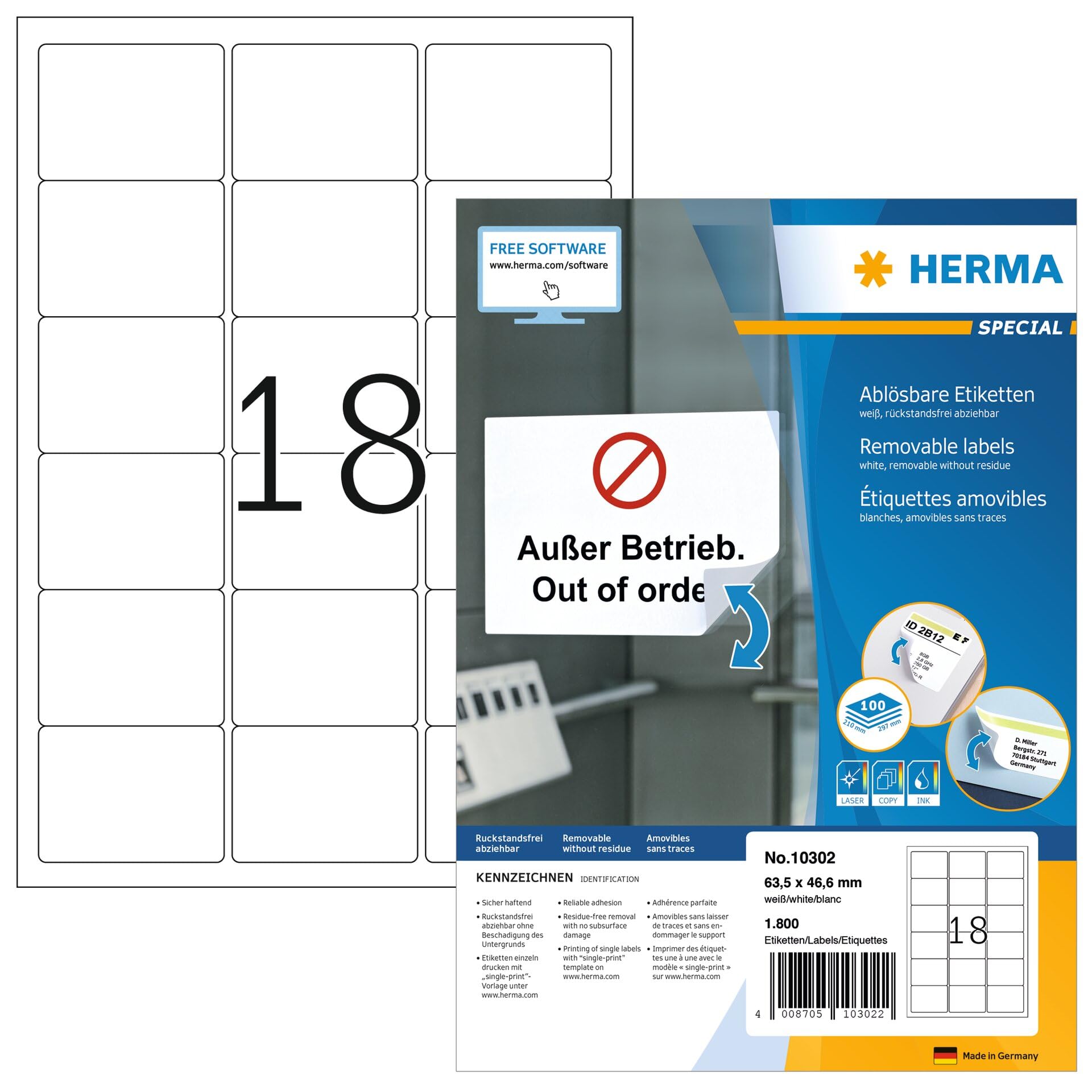 HERMA Self Adhesive Removable Multi-Purpose Labels, 18 Labels Per A4 Sheet, 1800 Labels For Printers, 63.5 x 46.6 mm (10302), White