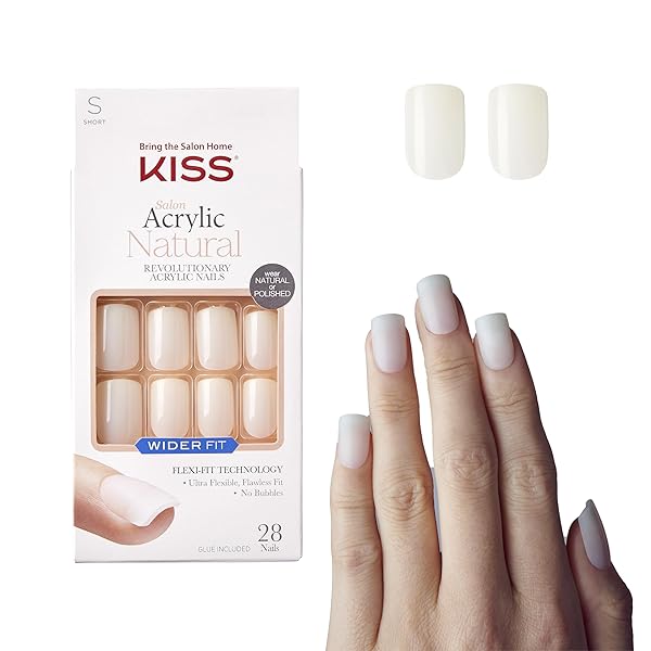 KISS SALON ACRYLIC WIDER FIT NATURAL FAKE NAILS, ‘RARE’, 28 ACRYLIC-INFUSED, BUBBLE-FREE, FLEXIBLE, DURABLE, FALSE GLUE-ON NAILS