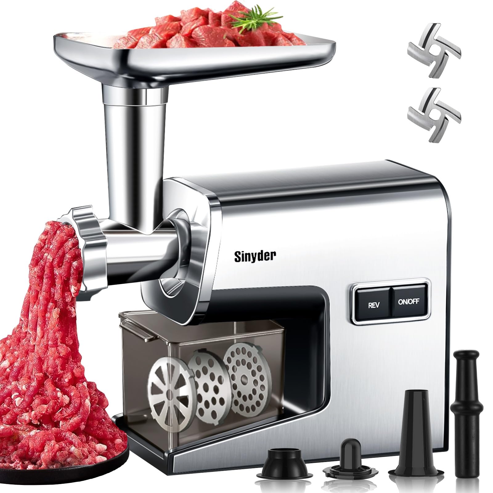 Photo 1 of Sinyder Electric Meat Grinder,3000 Max Heavy Duty Stainless Steel Meat Mincer with 2 Blades,3 Grinding Plates,Sausage Stuffer Tubes & Kubbe Kit for Home & Kitchen Using