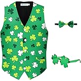 IIMMER Kids Boys 3Pcs St Patrick's Day Vest Suit Bow Tie Sunglass Lucky Clover Irish Shamrock Set Outfit for 6-14Years