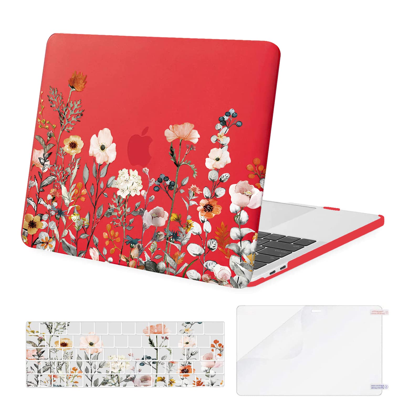 MOSISO Compatible with MacBook Pro 13 inch Case M2 M1 2026 2025 2024 2023-2016 A2338 A2289 A2251 A2159 A1989 A1706 A1708, Garden Flowers Hard Shell Cover &Keyboard Skin&Screen Protector, Red