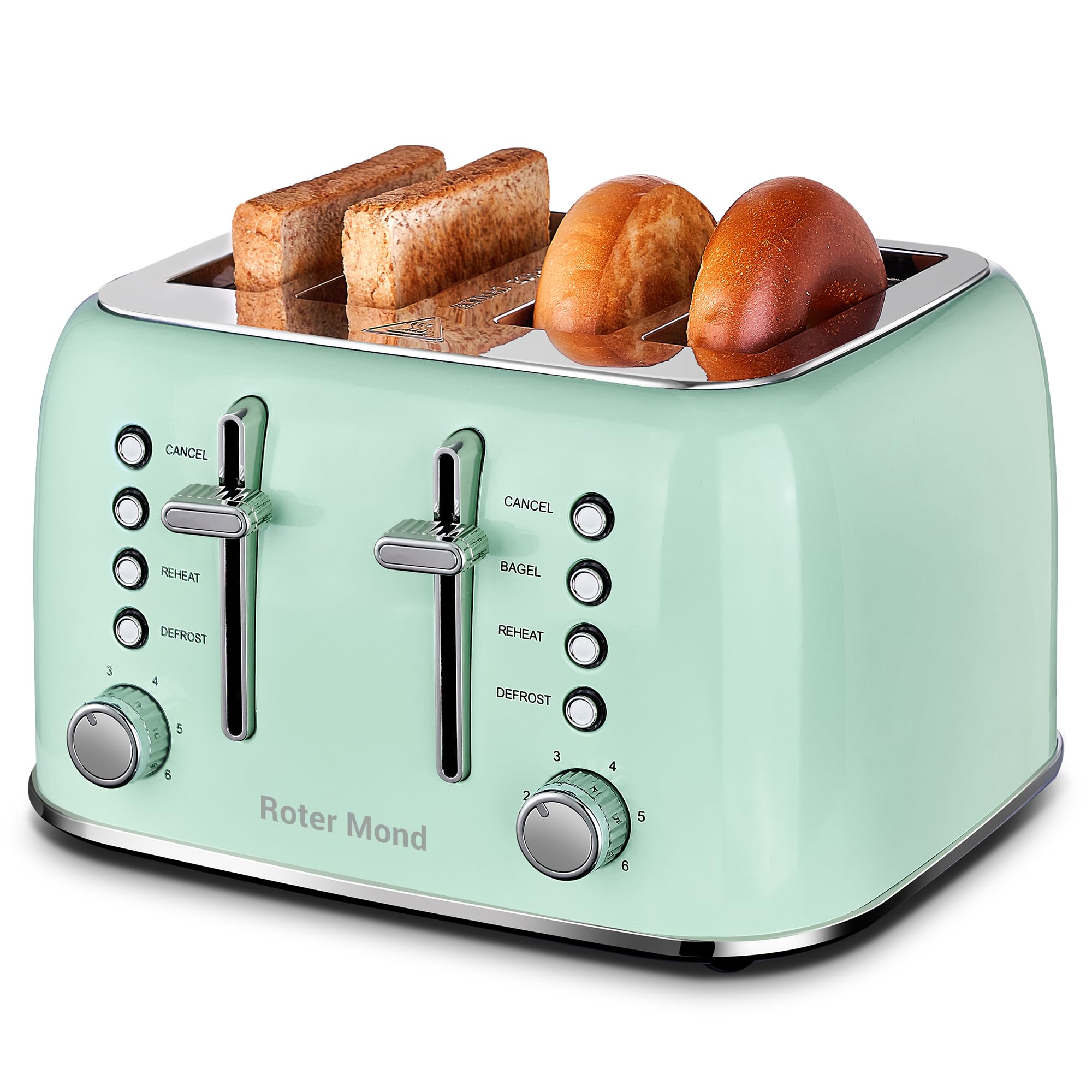 Photo 1 of Toaster 4 Slice, Roter Mond Retro Stainless Steel Toaster with Extra Wide Slots Bagel, Defrost, Reheat Function, Dual Independent Control Panel, Removable Crumb Tray, 6 Browning Levels, Aqua Green