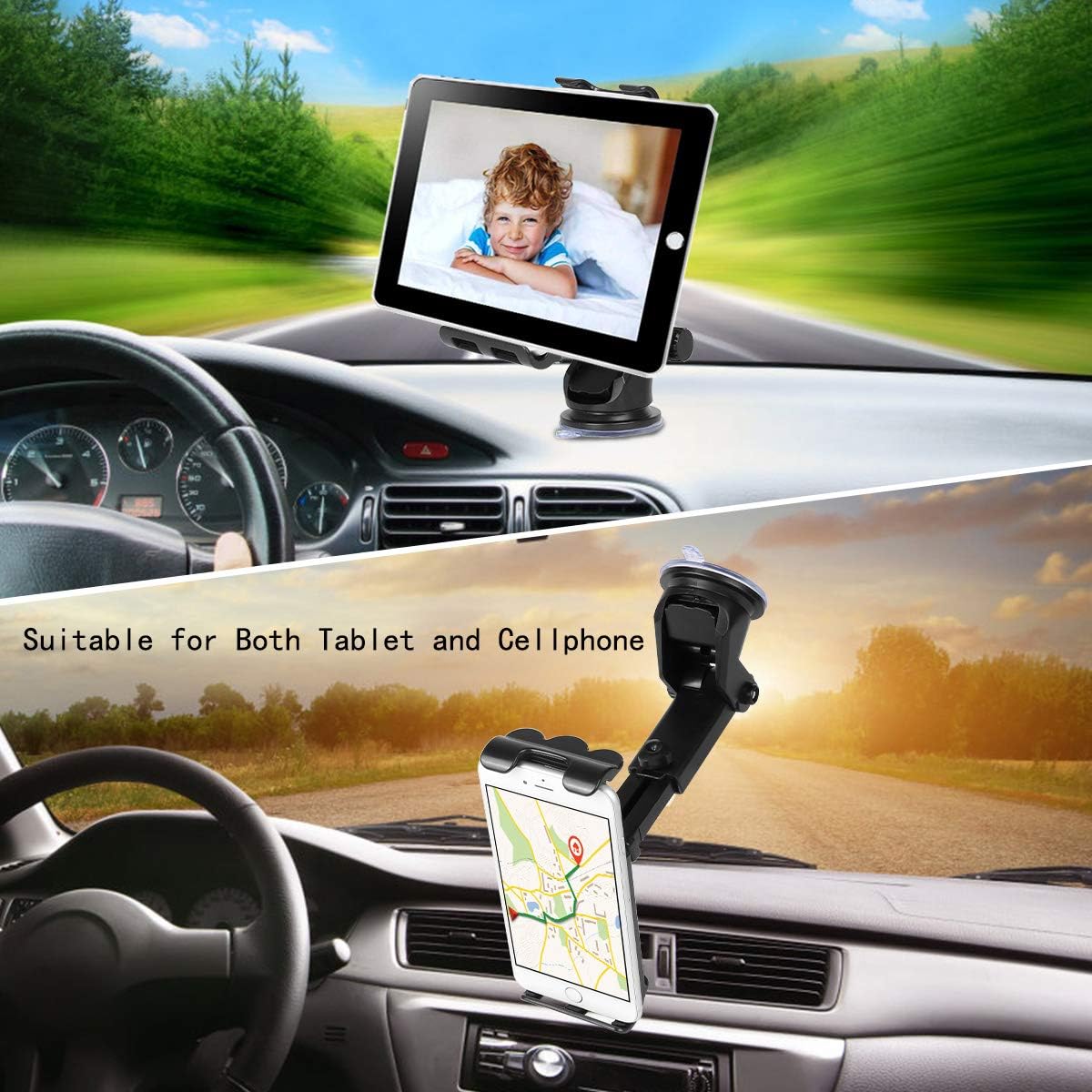 Car Tablet Mount for Windshield Window & Air Vent, 7"-10.5" Tablet Holder, 4.5"-6.5" Phone Mount, Compatible iPad Pro 10.5/Air/Mini/iPhone Xs/XS MAX/XR/X/8/8Plus/7/7Plus, Galaxy S7/S8/S10 etc (Black)