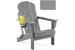 Serique Folding Adirondack Chair Wood Texture, Patio Chairs Weather Resistant, Outdoor Chair, Lawn Chair with Cup Holder, Fire Pit Chair for Deck, Outdoor, Porch, Backyard, Garden (Grey)