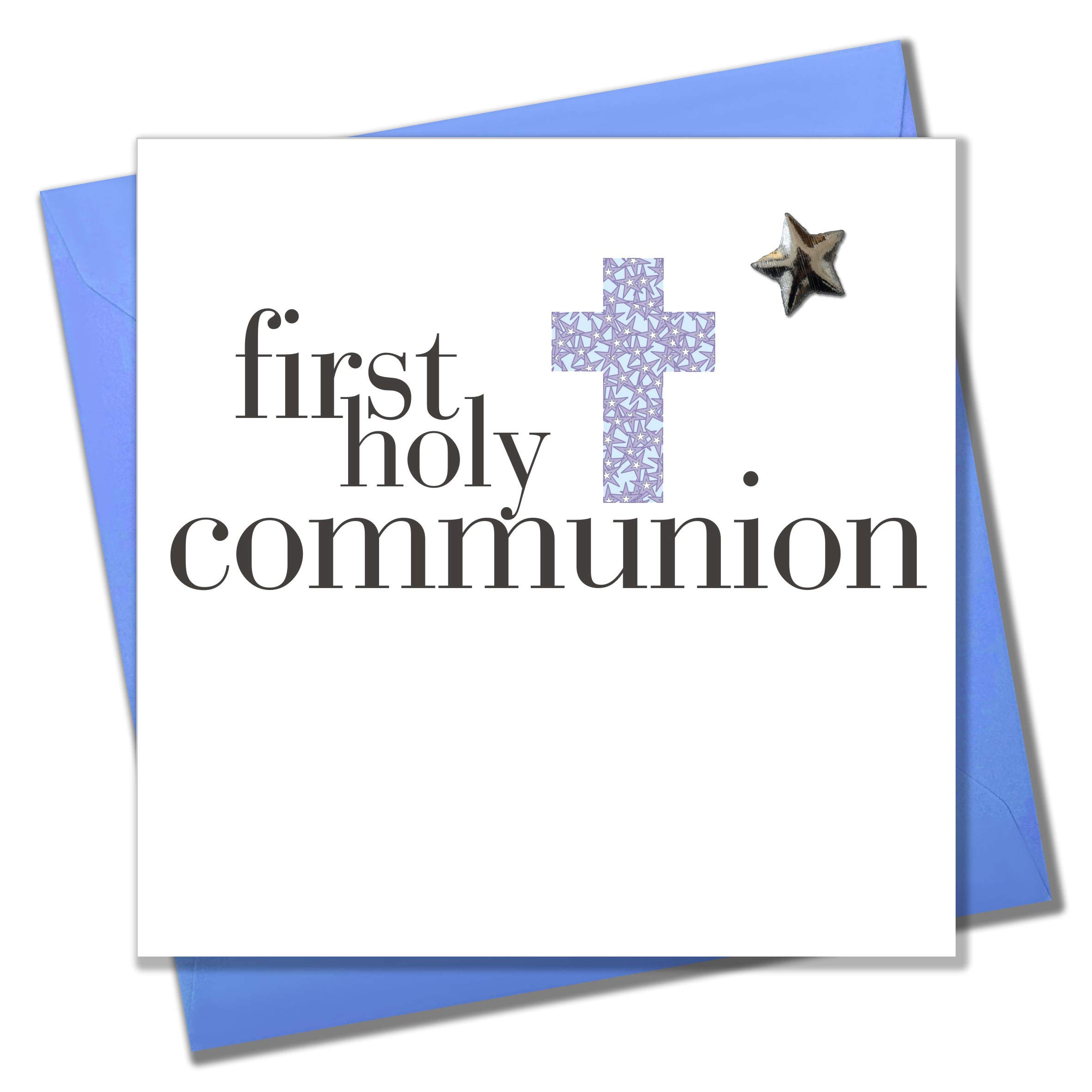 Claire Giles Greeting Cards, First Holy Communion Boy Card, Blue Cross design, Embellished with a shiny padded star