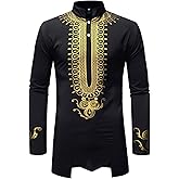 LucMatton Men's African Attire Dashiki Metallic Foil Print Long Sleeve Shirts Mandarin Collar Shirt