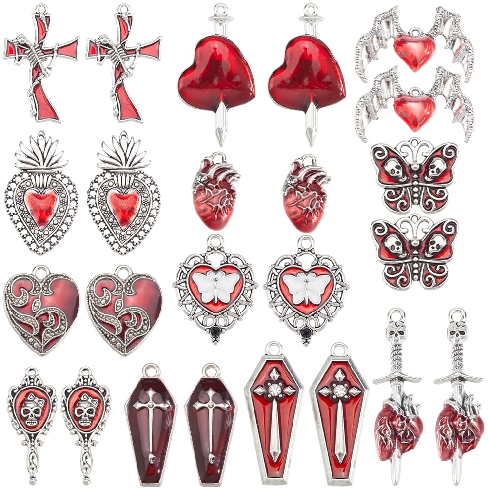 SUNNYCLUE Gothic Charms Set - 24Pcs 12 Styles Red Heart, Organ, Wing, Coffin, Skull, Butterfly, Moth Halloween Jewellery Making DIY Bracelet Earrings Party Decoration