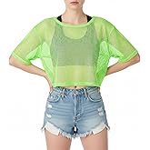 Neon Green Top Mesh 80s Outfit, Glow Party Outfit Women Fishnet Top T-Shirt Neon Clothes, Vintage Fishnet Shirts for Women Halloween Cosplay 80s 90s Masquerade Disco Party Tops