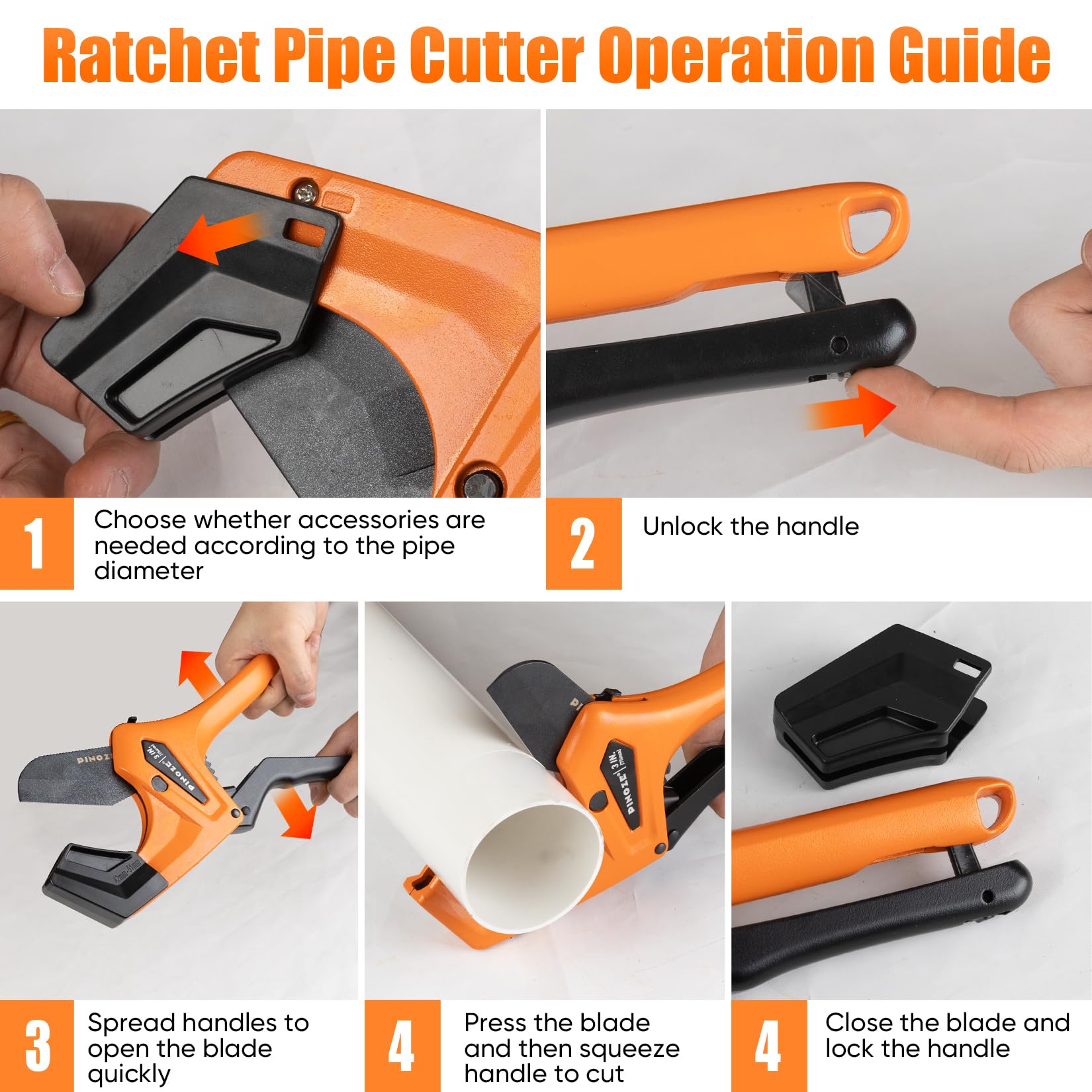 PINOZE PVC-Rohrschneider – 76 mm maximale Öffnung, Hochleistungs-Ratschen-Rohrschneider mit Stabilisator für PVC, PPR, PE, PEX, Kunststoffschläuche und Sanitärrohre mit teflonbeschichteter SK5-Klinge 6