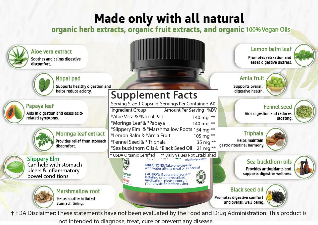 Bodymune AcidRelief Acid Tamer | Promotes Stomach Comfort & Digestive Wellness* | Organic Herbal Blend for Gut Health* | 60 Capsules | Made in USA, USDA Organic, Vegan, Non-GMO, Gluten-Free
