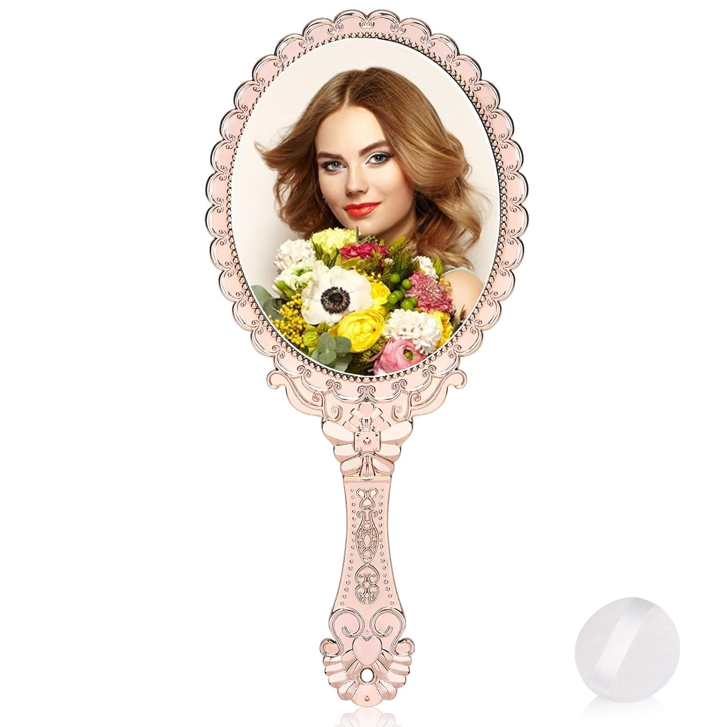 YUSONG Vintage Handheld Mirror, Small Hand Held Decorative Mirrors for Face Makeup Embossed Flower Portable Antique Travel Personal Cosmetic Mirror with Powder Puff (Rose Gold): Beauty