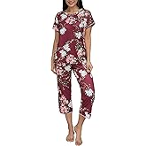 clothsays Womens Capri Pajama Sets Short Sleeve Sleepwear Top and Pants Floral Printed Lounge Sets with Pockets