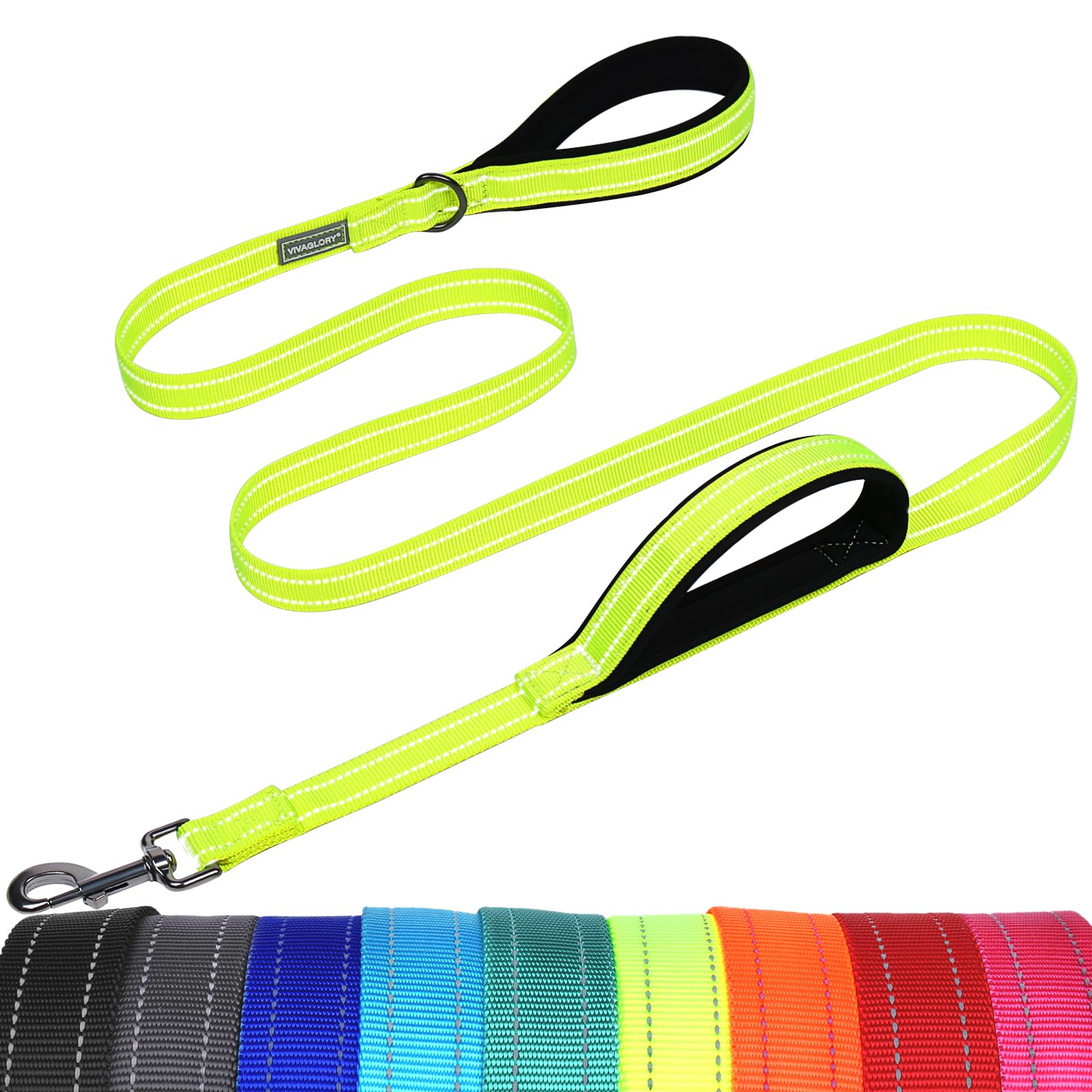 VIVAGLORY Dog Lead Twingrip Double Handle Dog Lead, Leash with Traffic Handle & 2 Loop for Walking & Training, Traffic Control Reflective Heavy Duty for Puppy Pet, 1.5m x 2.5cm, Bright Yellow