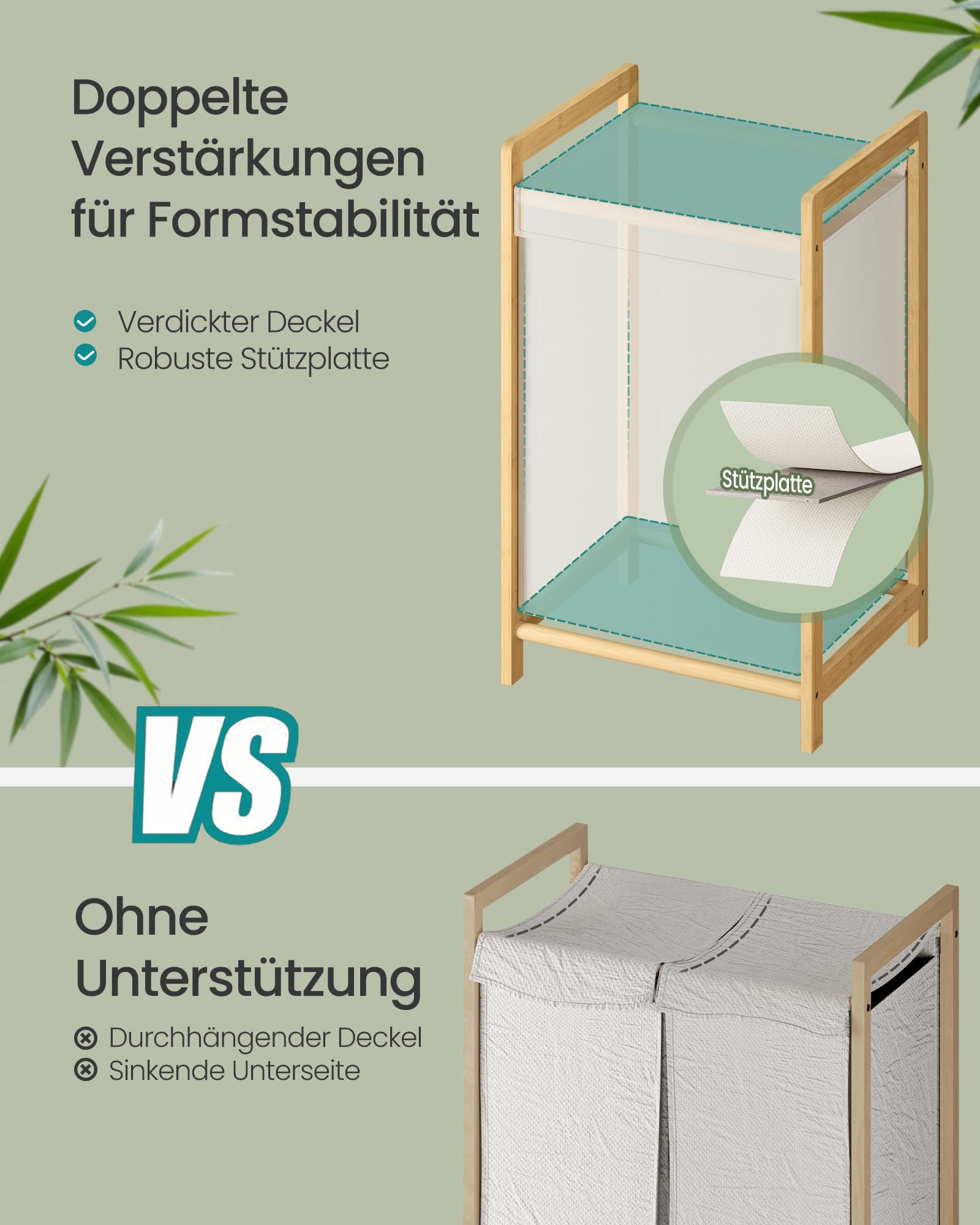 SONGMICS Wäschekorb 2 Fächer, Wäschesammler mit Bambusrahmen, verstärkter und abnehmbarer Deckel, Wäschesack abnehmbar, Wäschesortierer 100 L, cremeweiß RLH102WD01 6