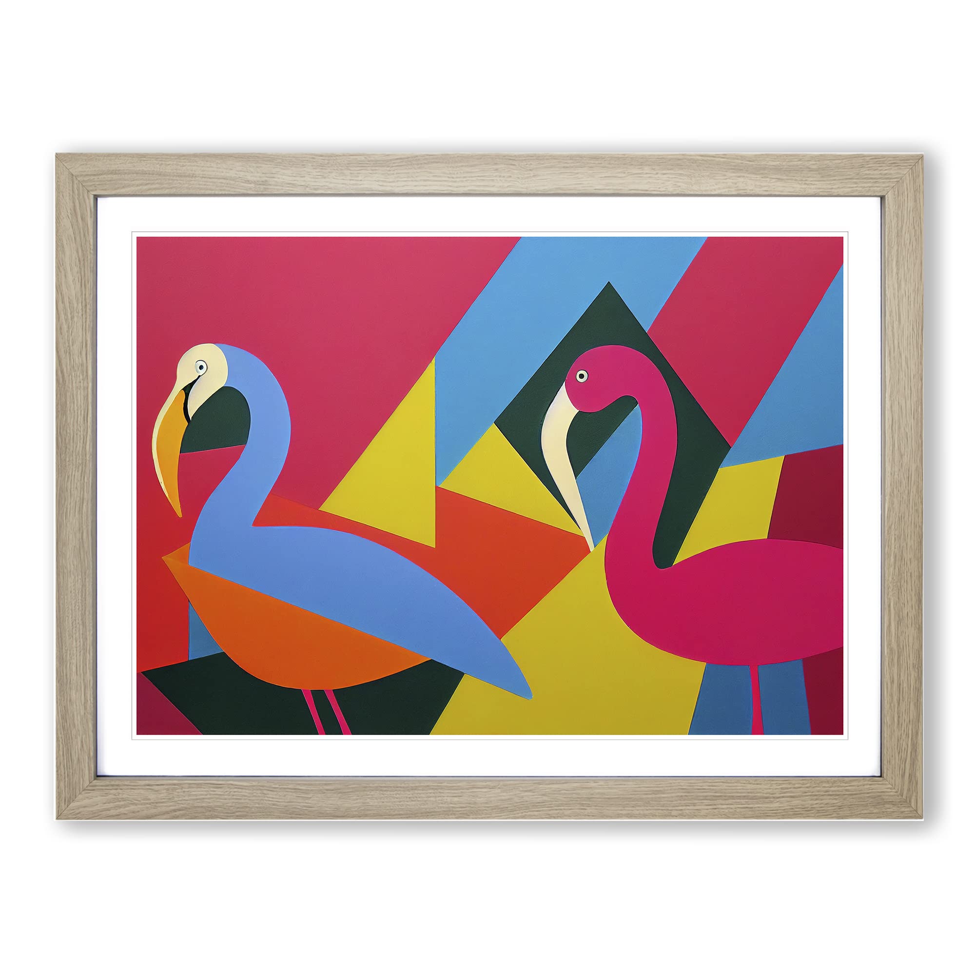 Two Abstract Flamingos Vol.2 WHT Framed Print | A3 Oak Framed Wall Art | Ready to Hang | Abstract Animal Picture | Living Room Bedroom Lounge Office