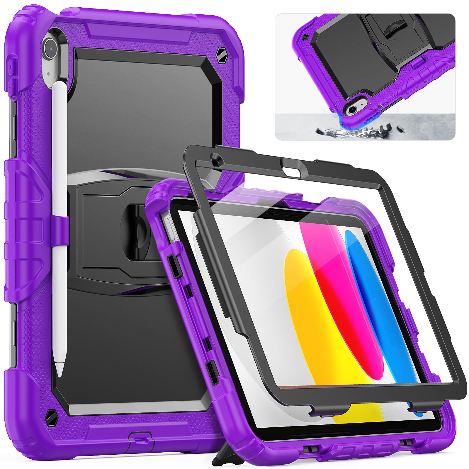 SEYMCY Shockproof Case for iPad A16 11th Generation 11 inch 2025/iPad 10th Generation 10.9 inch 2022, Full-body Protection Case with Screen Protector, Built-in Folding Stand, Pencil Holder, Purple — image 1