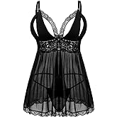 Donnalla Plus Size Babydoll Lingerie Set for Women Sexy Mesh Lace Nightwear Adjustable Straps V Neck Chemise with Panty