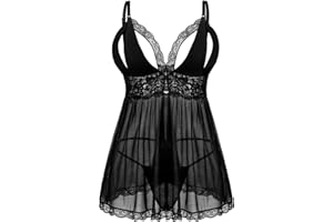 Donnalla Plus Size Babydoll Lingerie Set for Women Sexy Mesh Lace Nightwear Adjustable Straps V Neck Chemise with Panty
