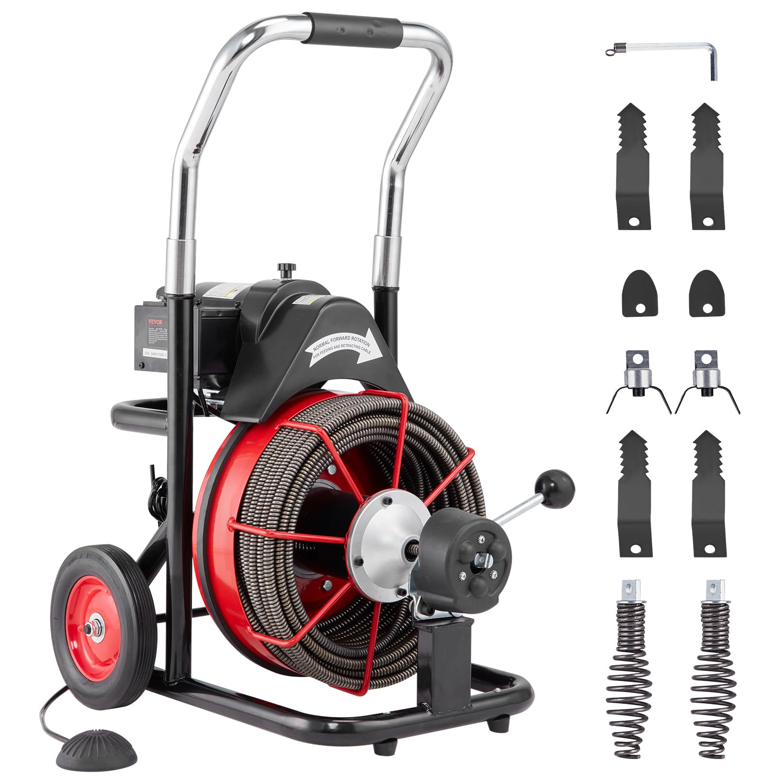Photo 1 of VEVOR Drain Cleaner Machine 100FT x 1/2 Inch, Auto Feed Sewer Snake Auger on Wheels, 550W Portable Drain Cleaning Machine with 8 Cutters & Air-activated Foot Switch for 2" to 4" Pipes