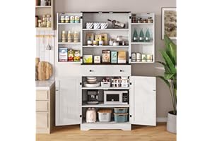 XAWXAW 71 Inch Kitchen Pantry Cabinet, Farmhouse Kitchen Cupboard with Barn Doors and Large Drawer, Tall Storage Cabinet with Hanging and Adjustable Shelves for Dining Room, Bathroom, Living Room, White
