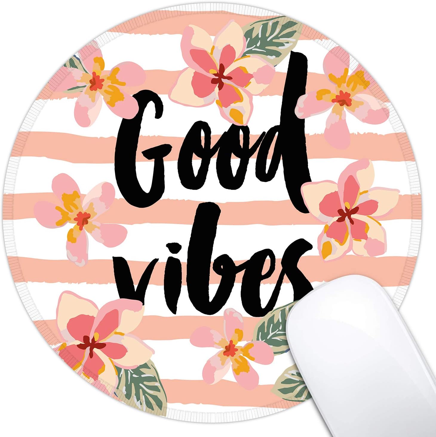 Dynippy Mouse Pad Gaming Mouse Pads Non-Slip Rubber Base Mousepad with Stitched Edge Round Mouse Mat for Desktops Computer Laptops （ Foral Good Vibes ）