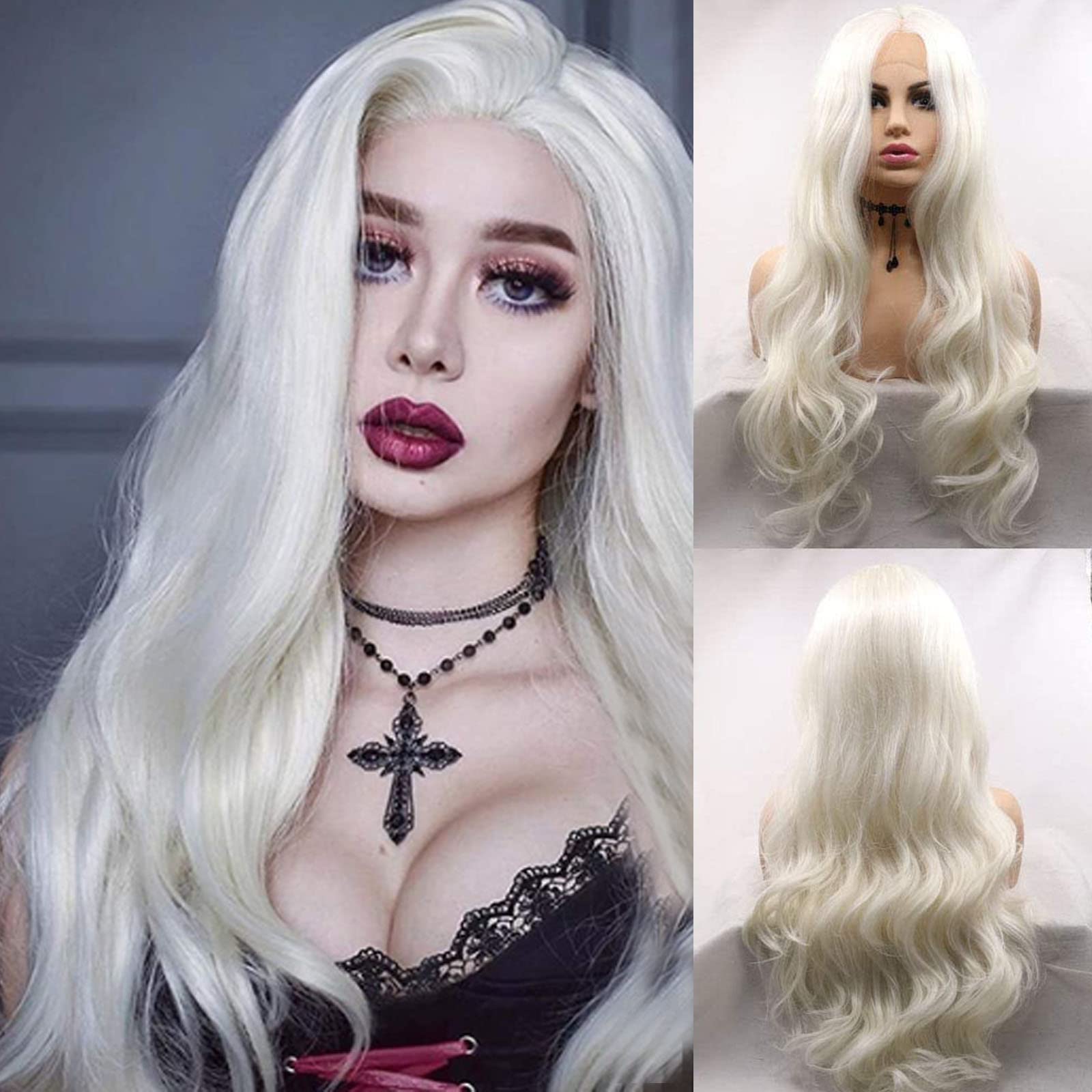 White blonde wig Long Wavy Platinum Blonde synthetic lace front wig Handmade Natural hairline Snow White realistic wigs for women Glueless Heat Resistant Fiber Hair Cosplay Drag Anime 24Inch — image 1