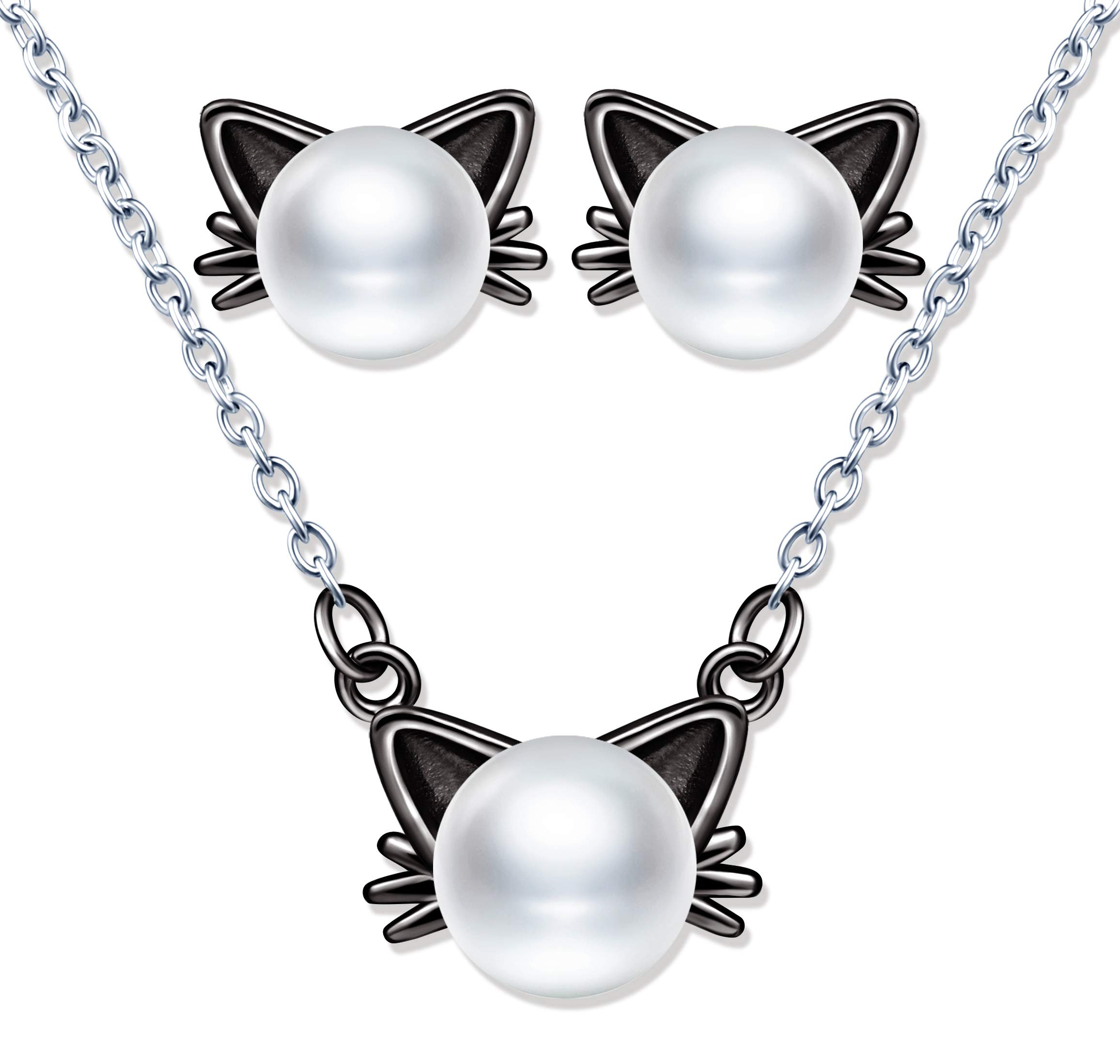 Yumilok 925 Sterling Silver Jewelry Set Cute Cat Pearl Necklace Stud Earrings for Women Girls