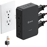 HONIZER Multi Plug Wall Outlet,6 AC Side Outlets,20W USB C Outlet Extender | Wall Plug Side Access for Behind Couches Nightstands Desks TV,3-Sided Flat Outlet Extender with 4 Cable Clips,Black