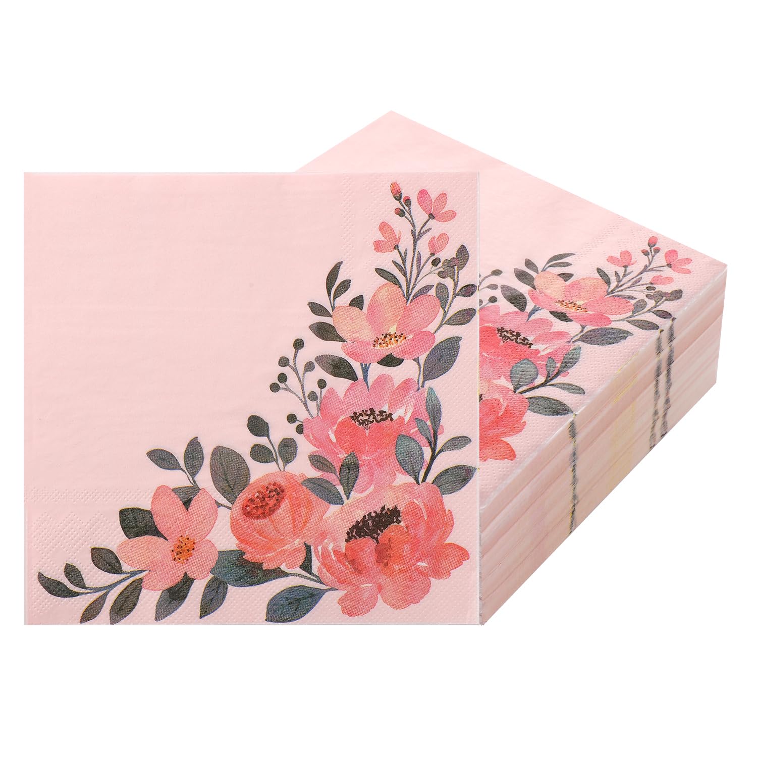 Photo 1 of 100pcs Floral Paper Napkins, 2-Ply Wild Flower Disposable Napkins Spring Pink Floral Guest Napkins Decorative for Tea Party Wedding Dinner Birthday Supplies
