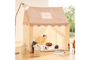 TreeBud Play Tent with Padded Mat, Pennant Banners, Fairy Lights - Kids Playhouse with Plaid Roof for Indoor and Outdoor, Large Space Play House Toys for Toddler, Boys and Girls