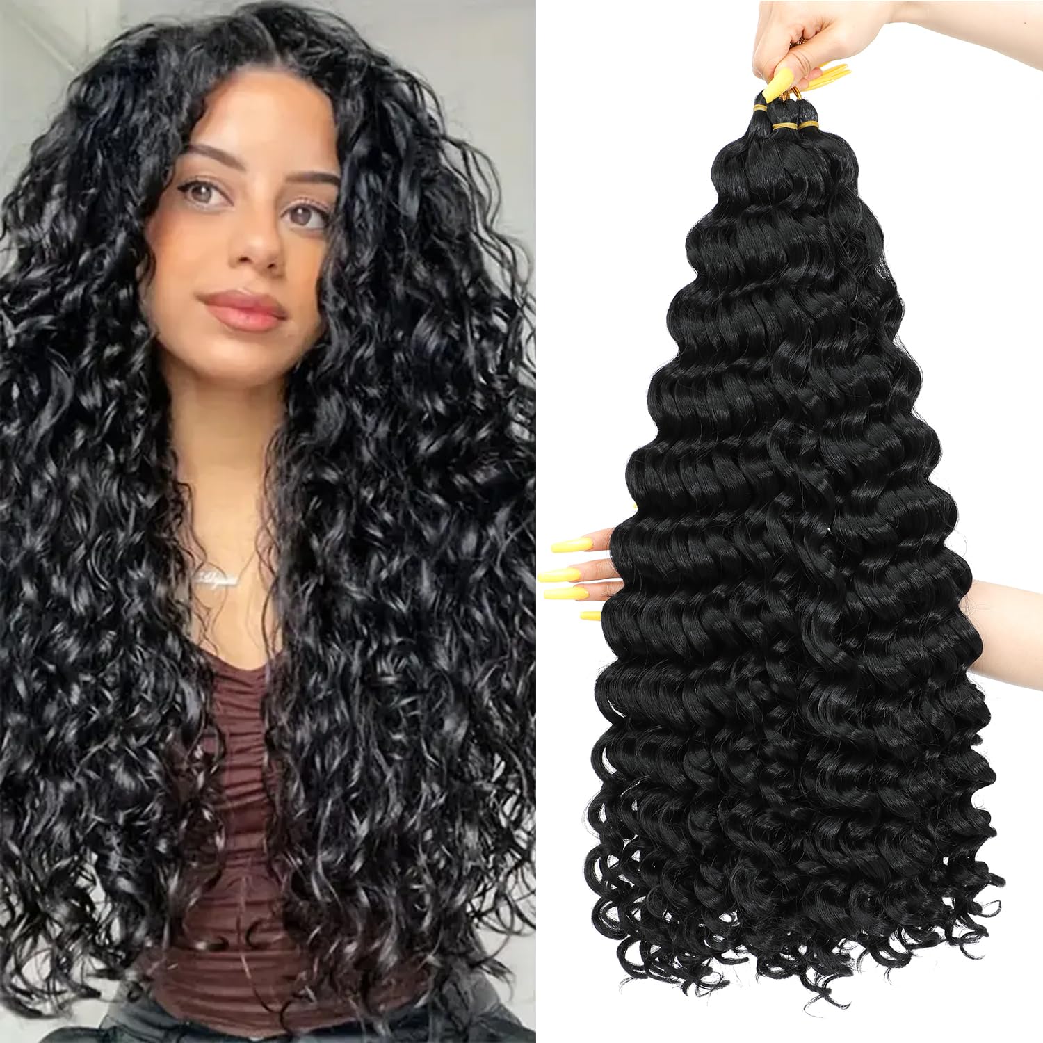 AMLUCKS Deep Wave Braiding Hair for Black Women Girls Synthetic Ocean Wave Crochet Hair Extensions for Boho Braids (1B#, 22inch-3) โ image 1