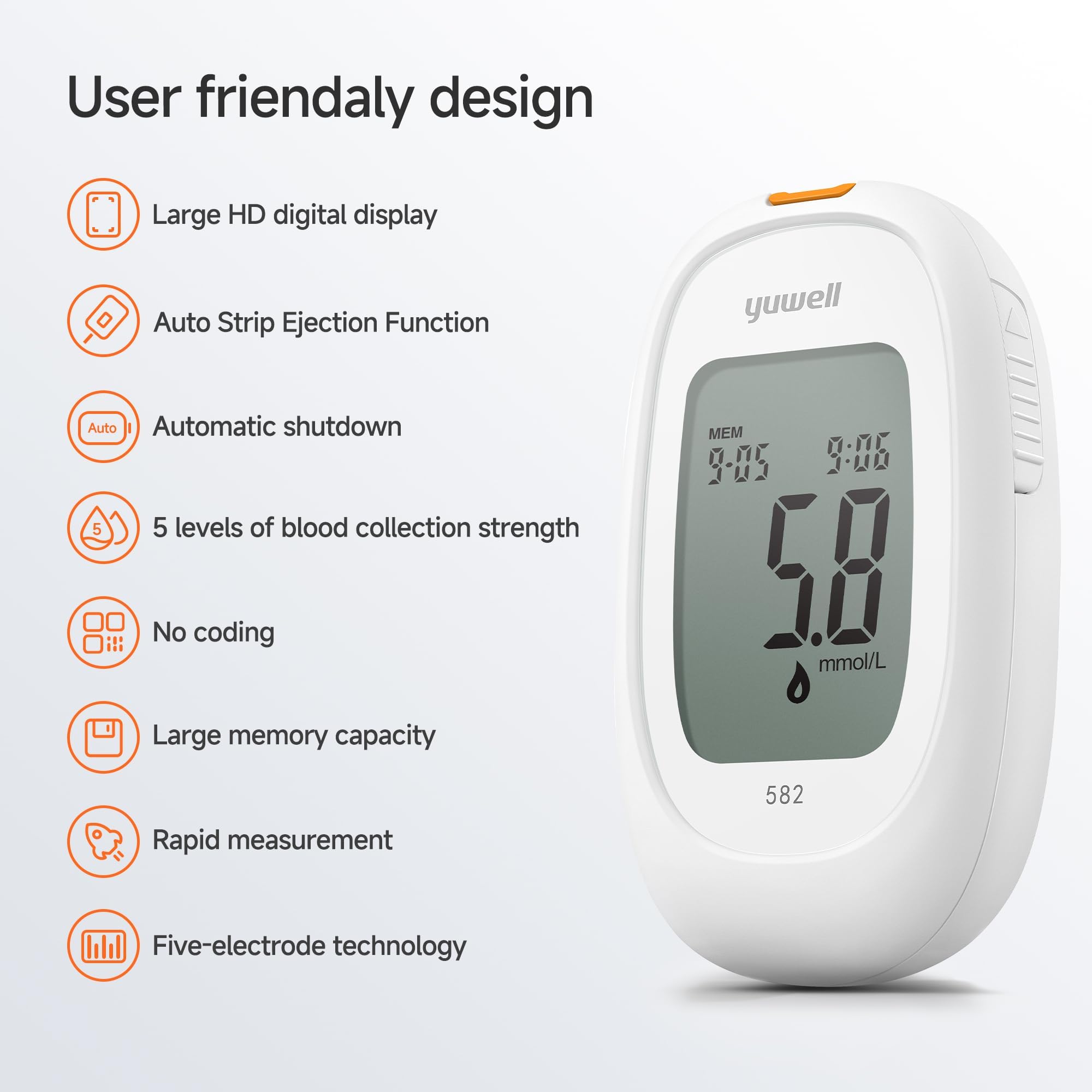 yuwell Blutzuckermessgerät Set mit Teststreifen x 50 und Lanzetten x 50, Diabetes Test ideal für den Heimgebrauch, Zuckermessgerät zur Selbstkontrolle des Blutzuckers bei Diabetes (Modell 582) 6