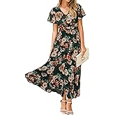 Simplee Womens Floral Maxi Dress Short Sleeve Summer Boho Wedding Guest Dress Empire Waist Chiffon Modest Midi Dresses