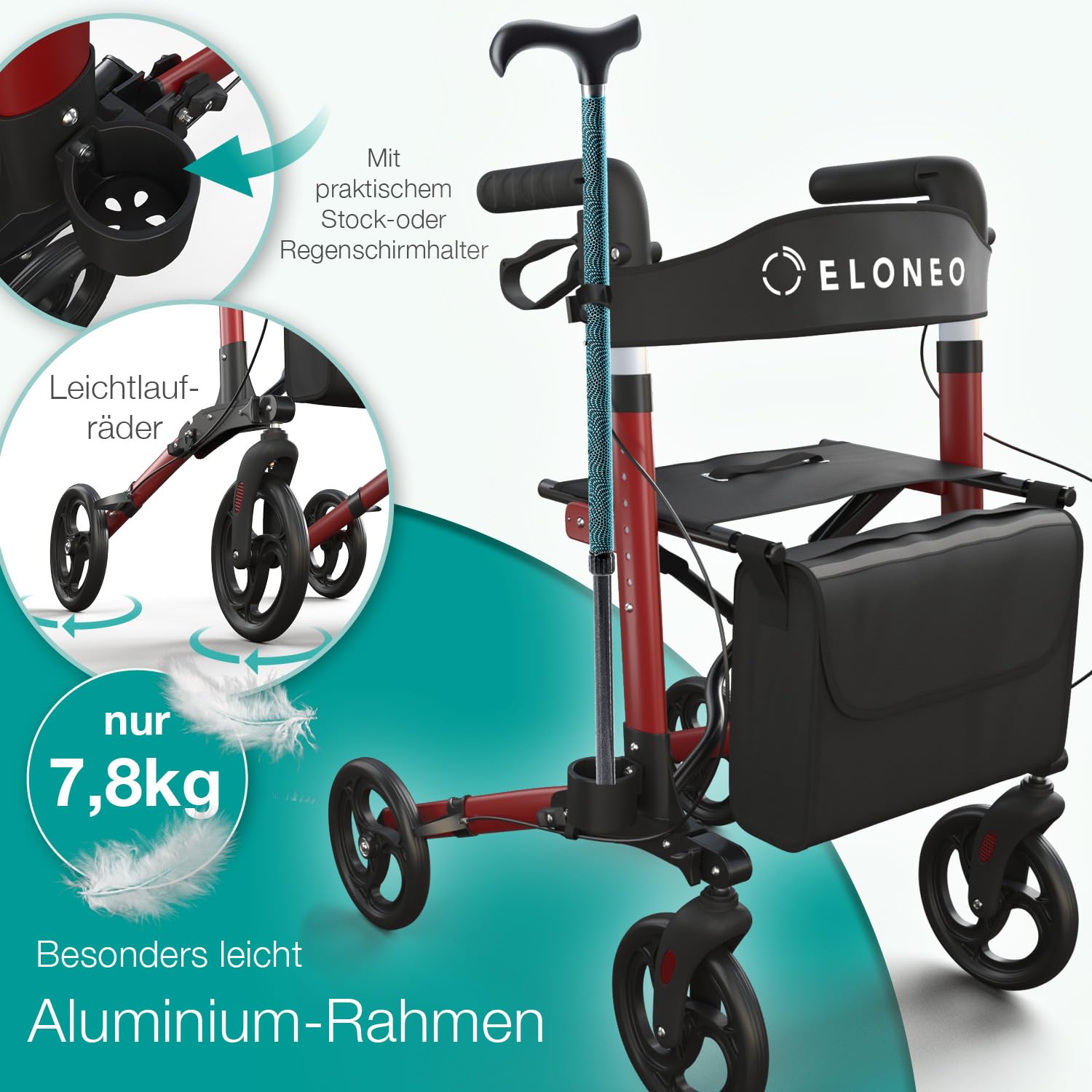 ELONEO Rollator faltbar und leicht mit Sitz, Leichtgewicht-Reiserollator aus Aluminium, Gehhilfe 8-fach höhenverstellbar, Laufhilfe 3-fach faltbar für Kofferraum, Tasche & Schirmhalter Rot 7